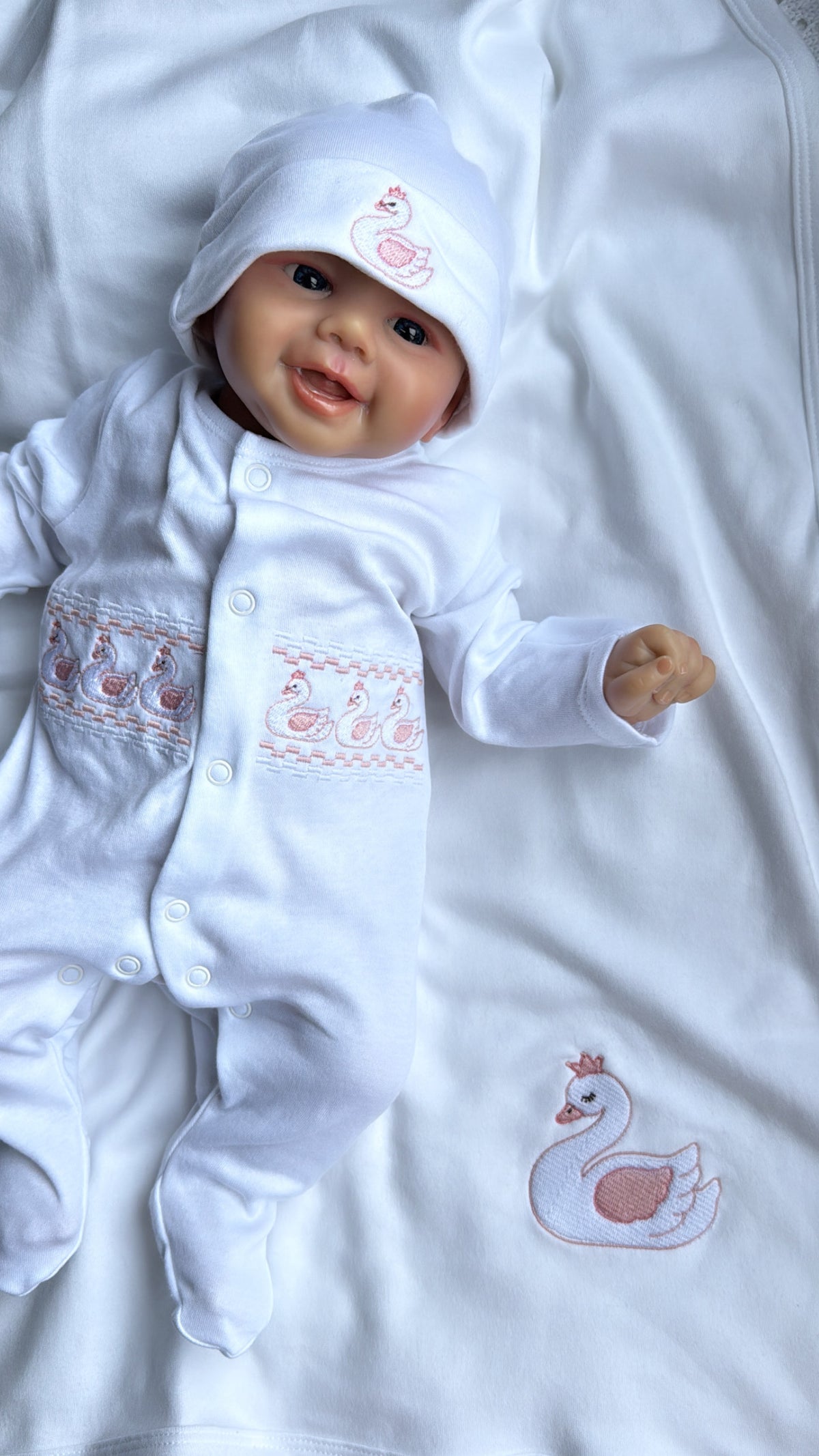 Pink Swan Faux Smocked Personalised Newborn Set