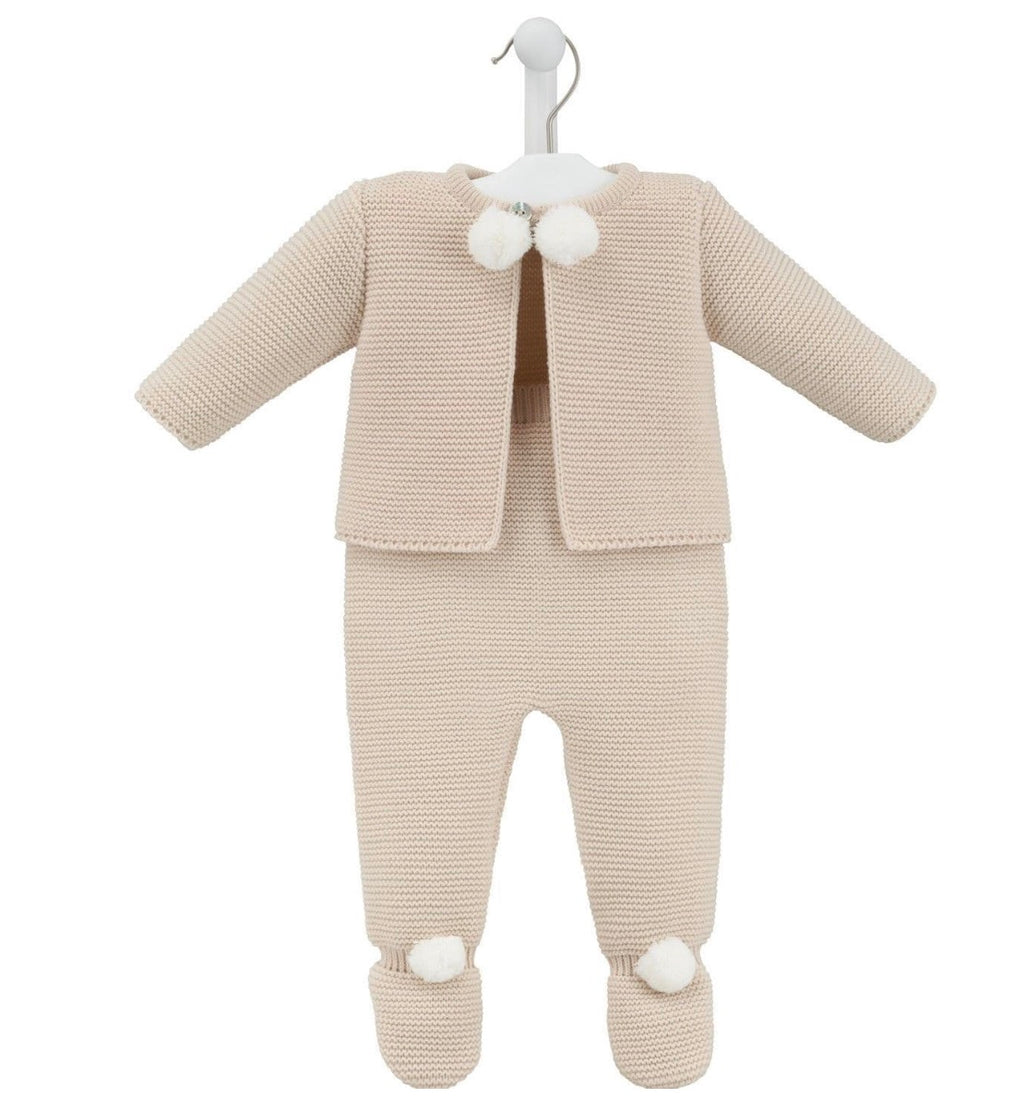 Baby Knitted 2 Piece with Pom Poms - Beige