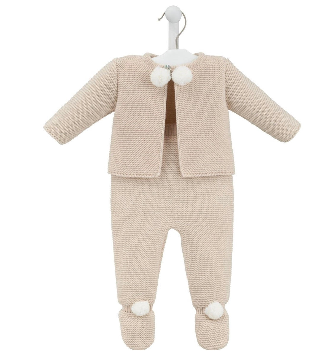 Baby Knitted 2 Piece with Pom Poms - Beige