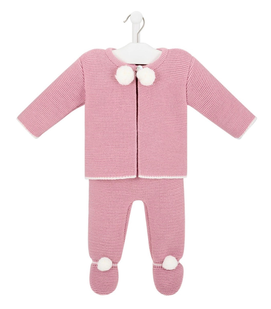 Baby Knitted 2 Piece Set with Pom Poms - Dusty Pink