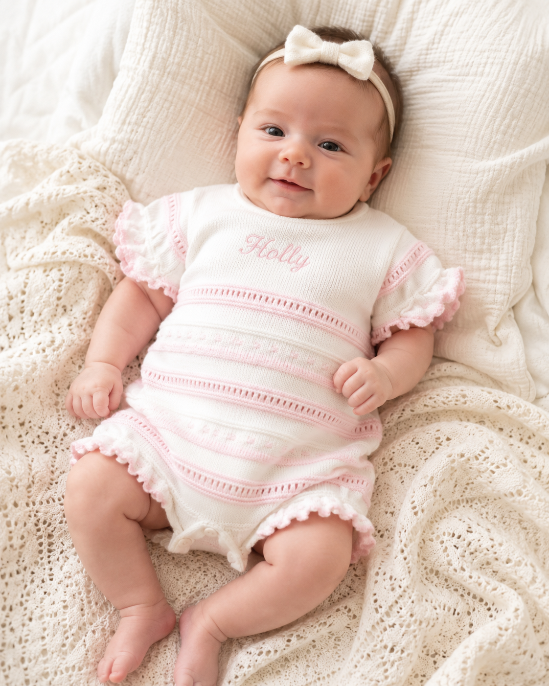 Baby Knitted Pointelle Romper - White/Pink