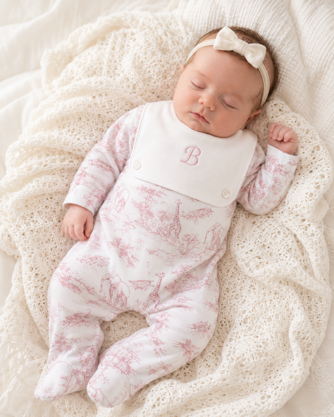 Babygrow with Attached Bib - Baby Pink Safari Collection