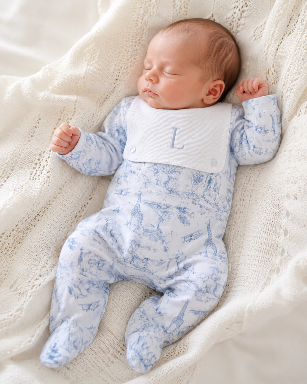 Babygrow with Attached Bib -Baby Blue Safari Collection