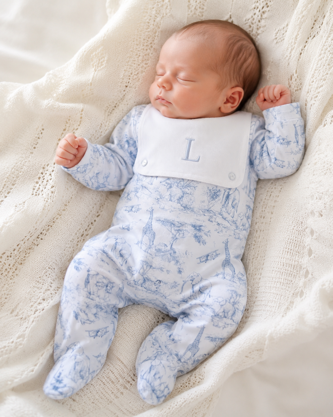 Babygrow with Attached Bib -Baby Blue Safari Collection