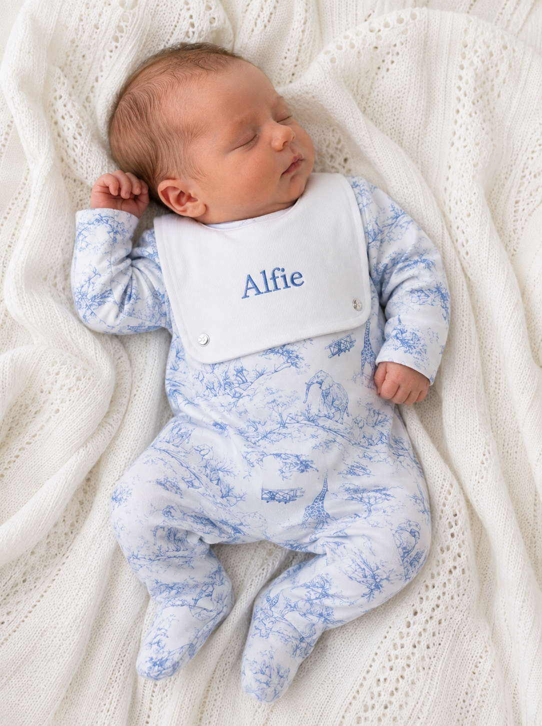 Babygrow with Attached Bib -Baby Blue Safari Collection