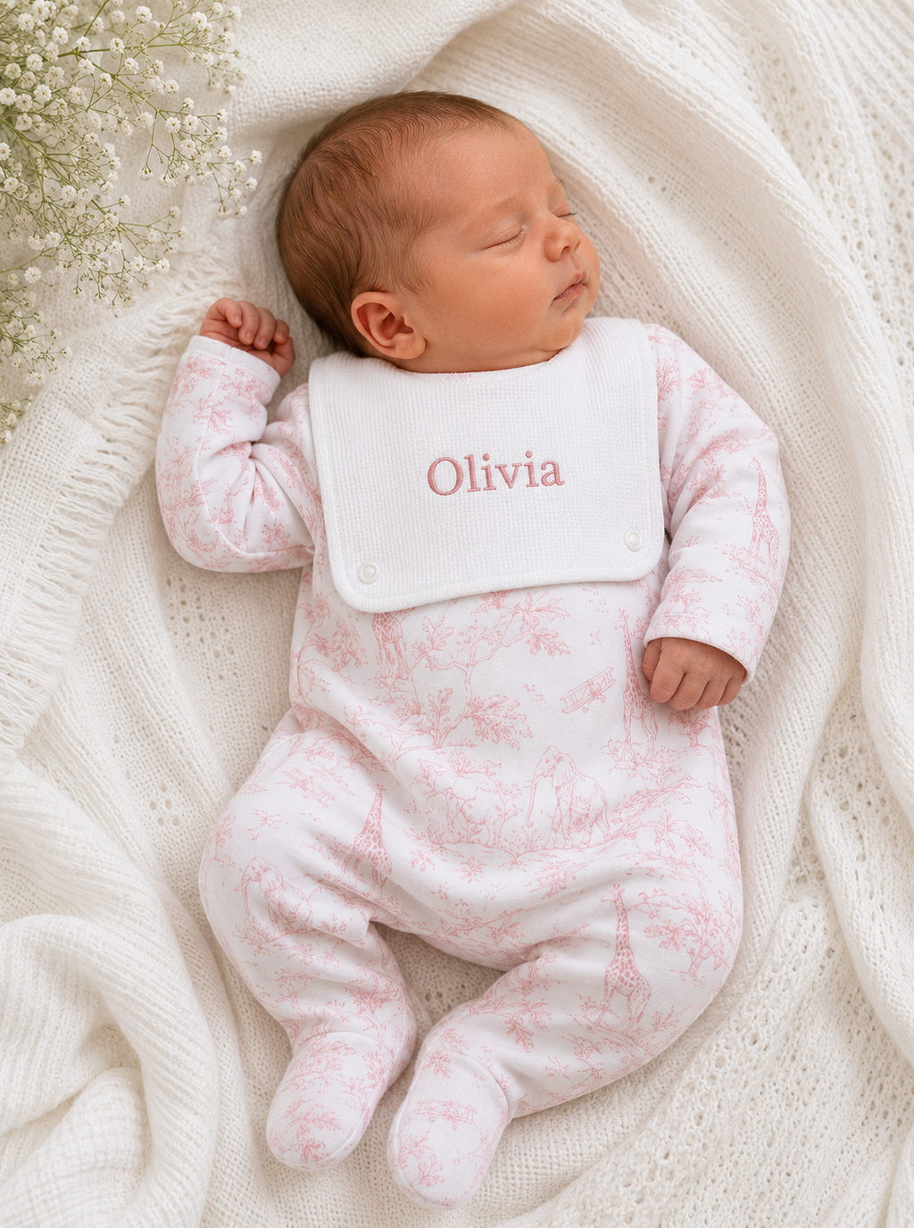 Babygrow with Attached Bib - Baby Pink Safari Collection
