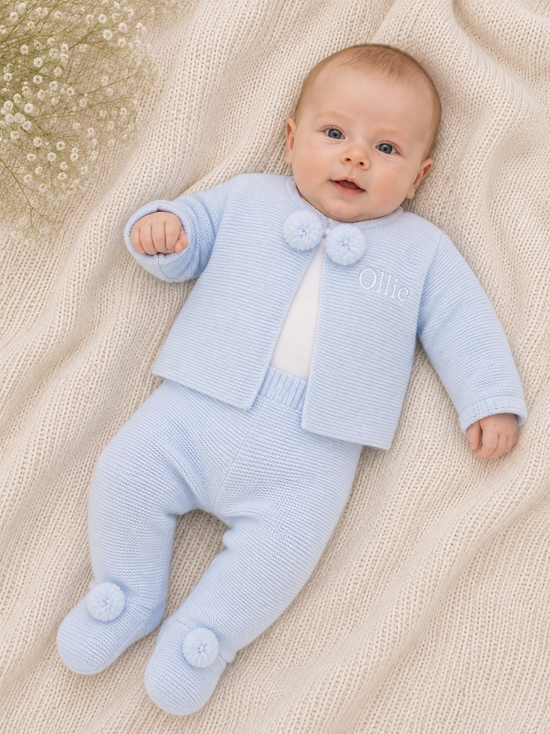Baby Knitted 2 Piece Pom Pom Set - Baby Blue