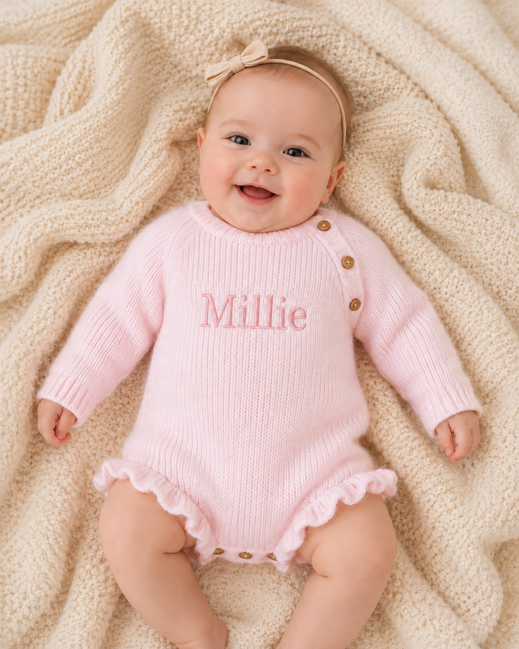 Ruffle Leg Knitted Romper - Pastel Pink
