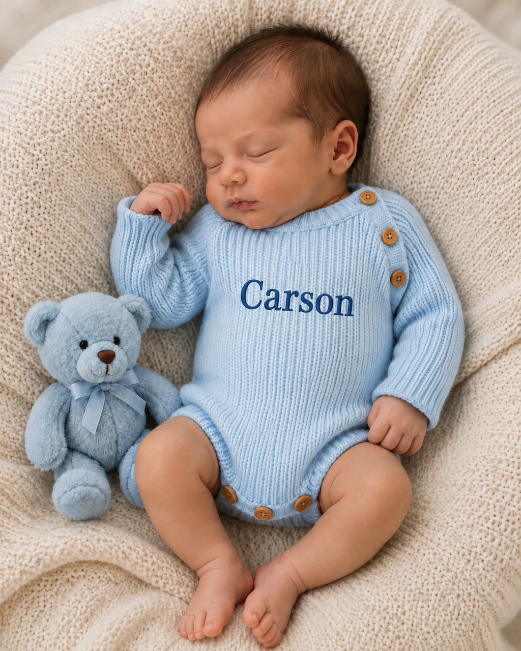 Long Sleeved Knitted Romper - Baby Blue
