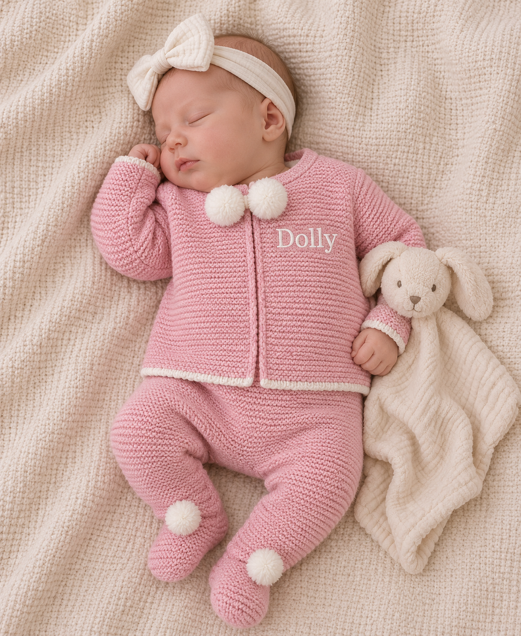 Baby Knitted 2 Piece Set with Pom Poms - Dusty Pink