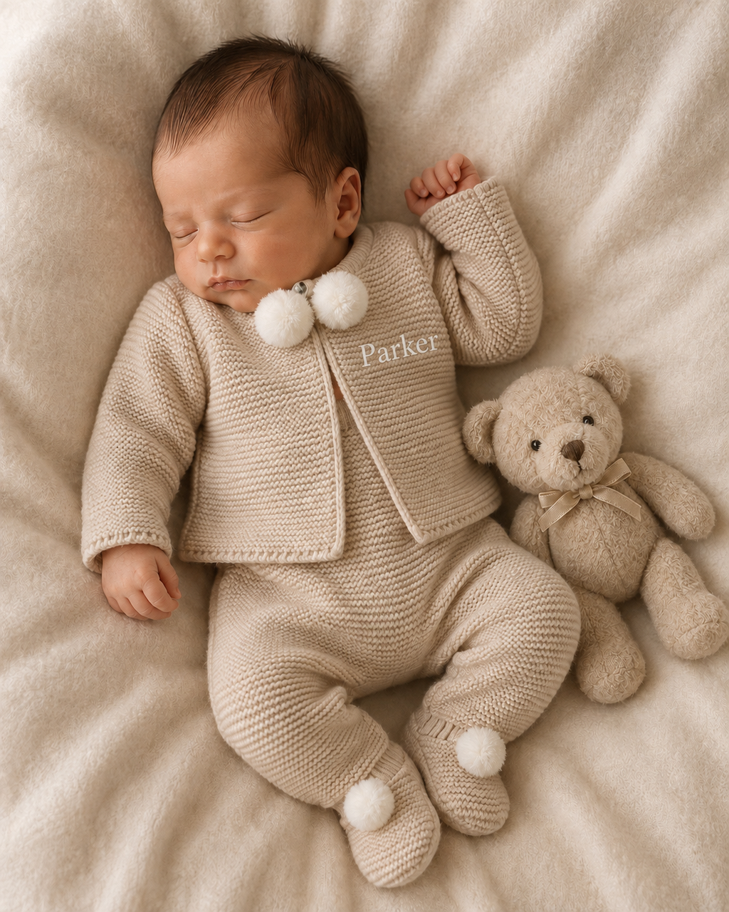 Baby Knitted 2 Piece with Pom Poms - Beige