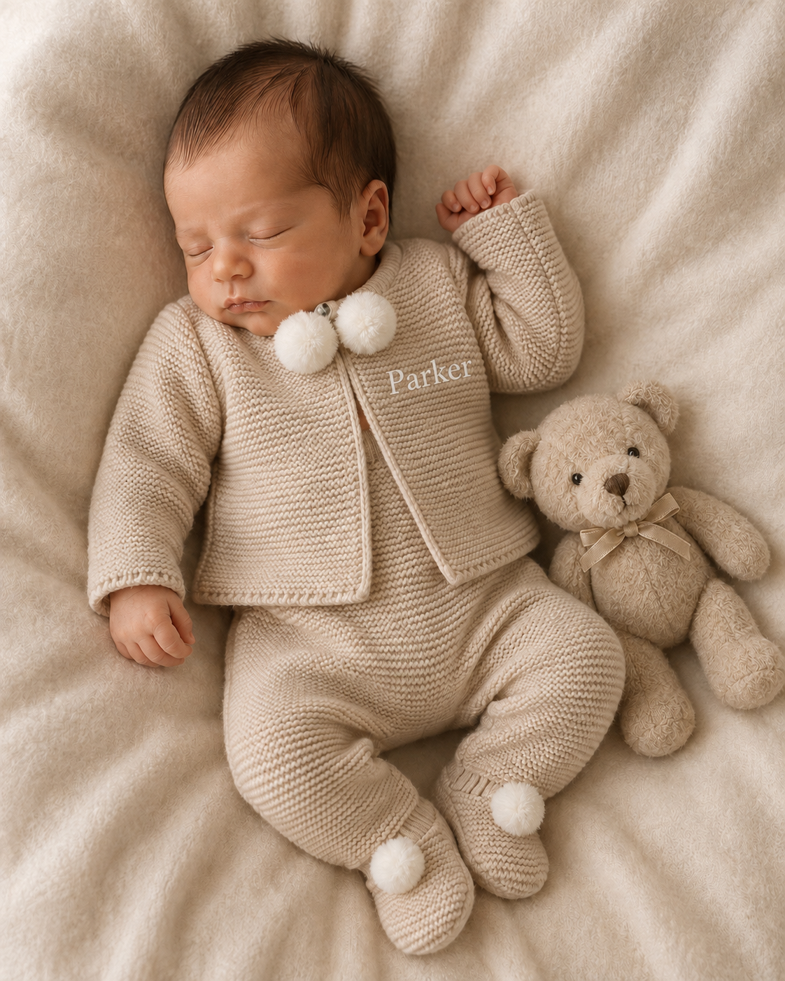 Baby Knitted 2 Piece with Pom Poms - Beige