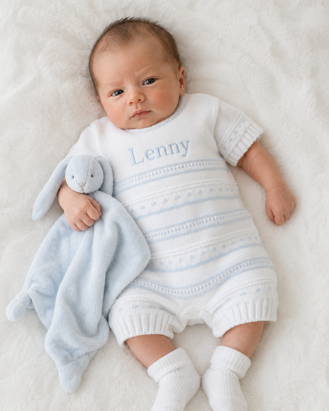 Baby Knitted Pointelle Romper - White/Sky