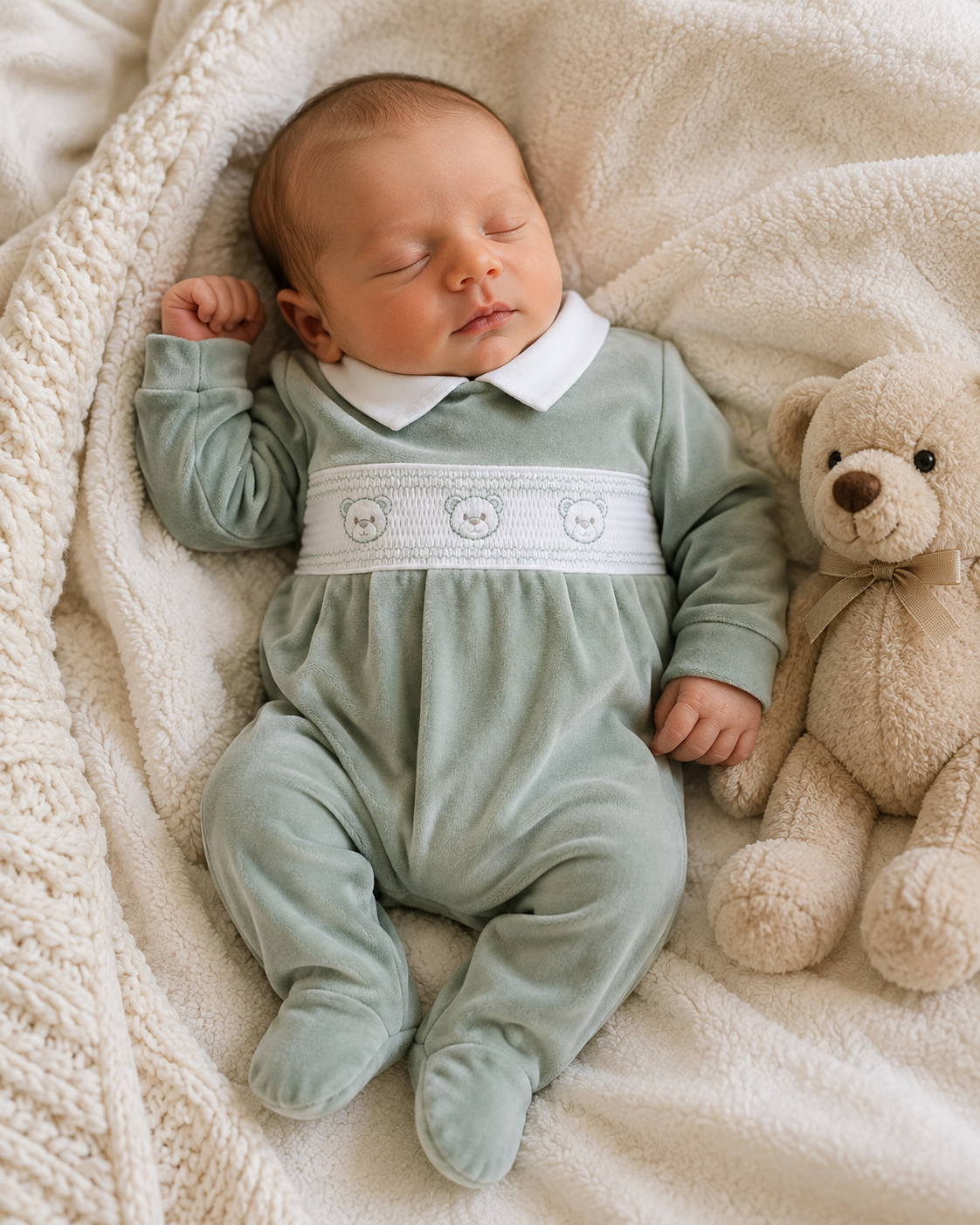 Three Bears Smocked Sleepsuit - Sage Green