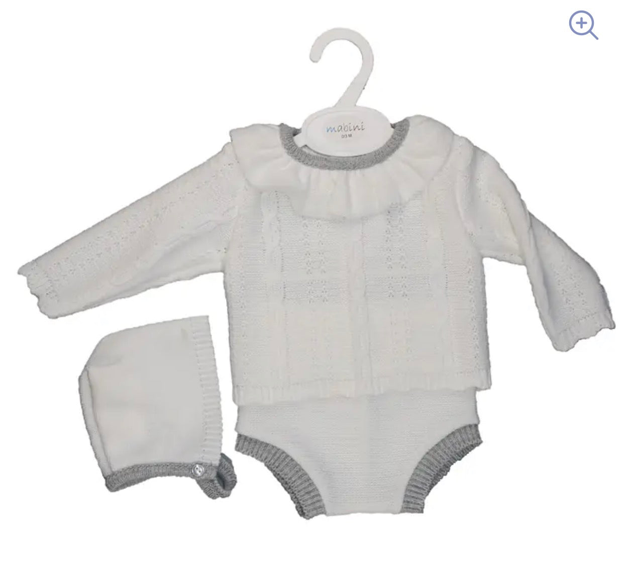 3pc Knitted White Set with Silver Trim