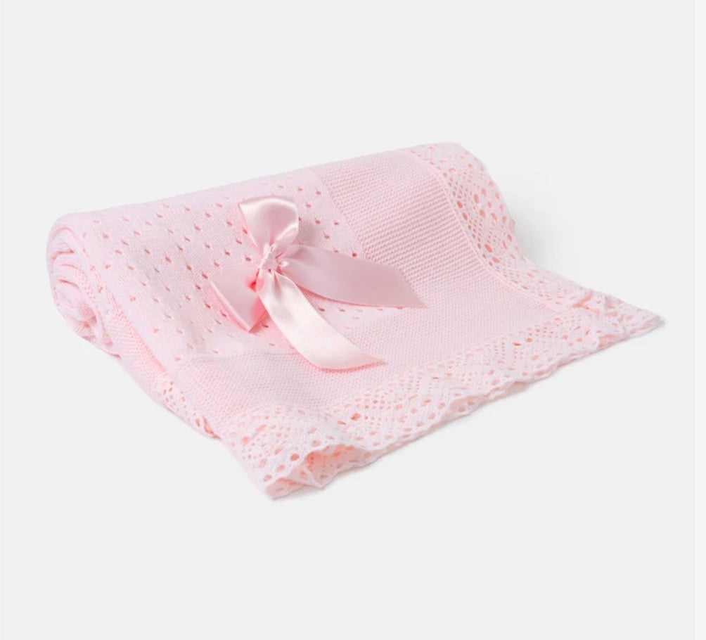 Open Dot Knitted Spanish Blanket with Bow - Baby Pink