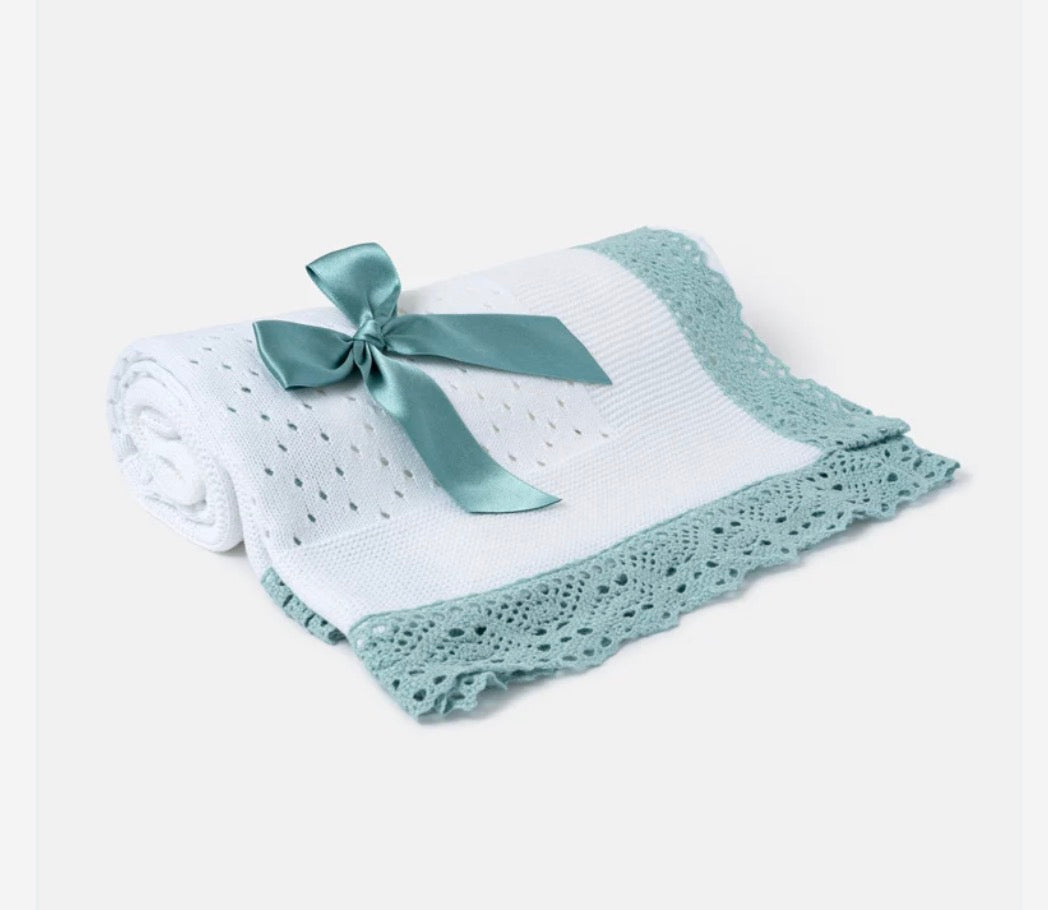Open Dot Knitted Spanish Blanket with Bow - Aqua Green