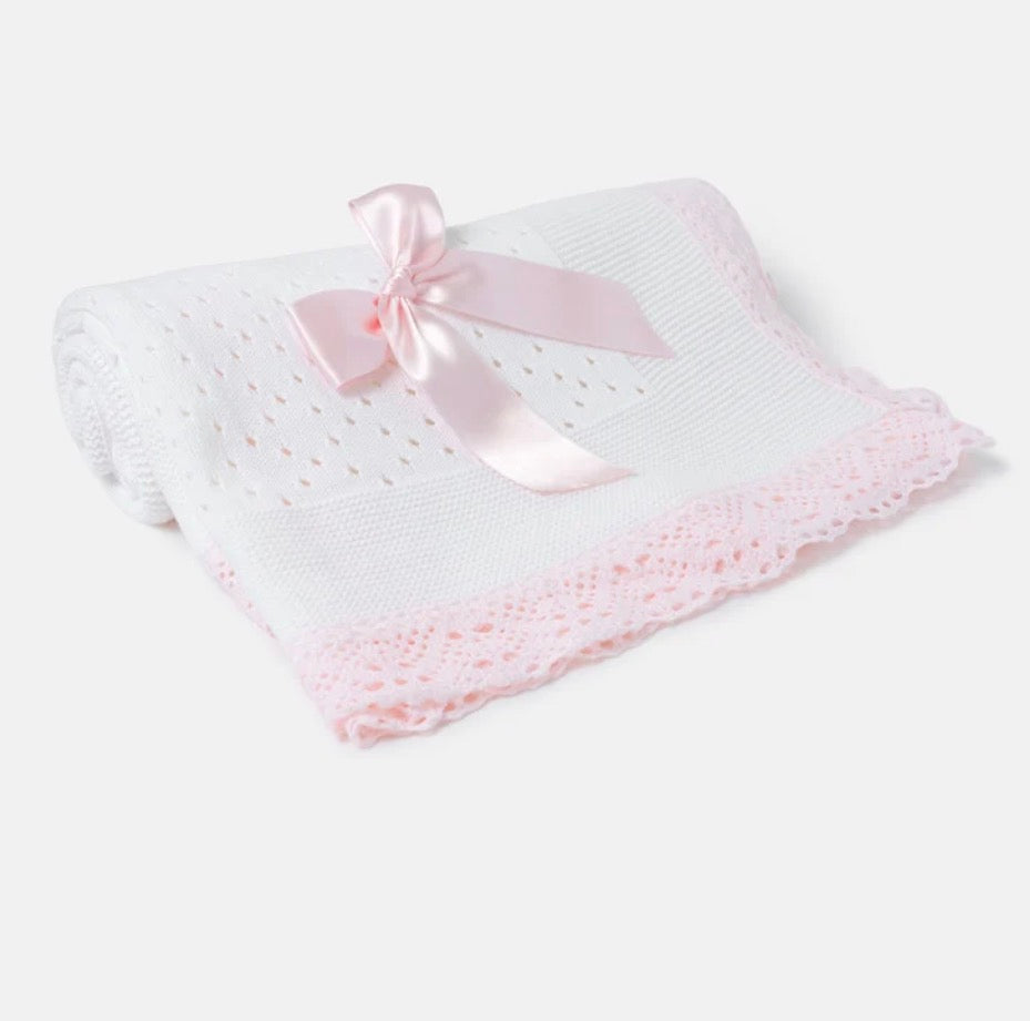 Open Dot Knitted Spanish Blanket with Bow - White & Baby Pink