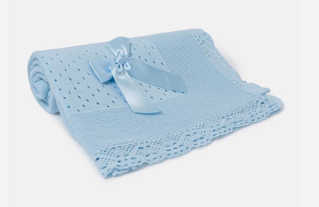 Open Dot Knitted Spanish Blanket with Bow - Baby Blue
