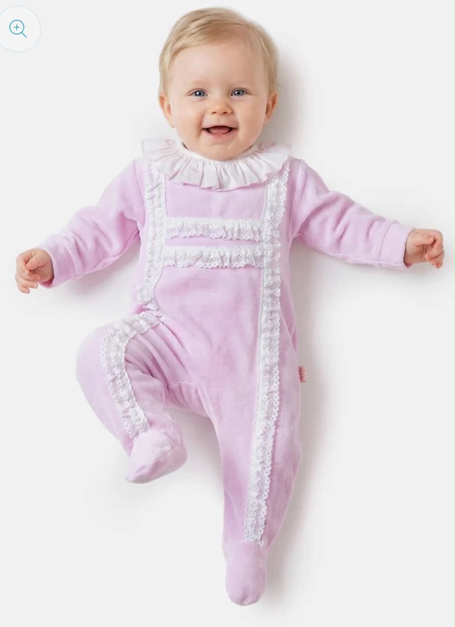 Velour Babygrow with Lace Trim