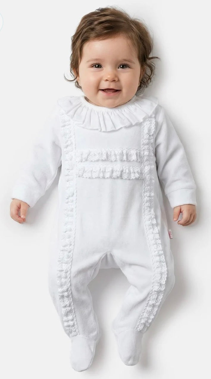 Velour Babygrow with Lace Trim
