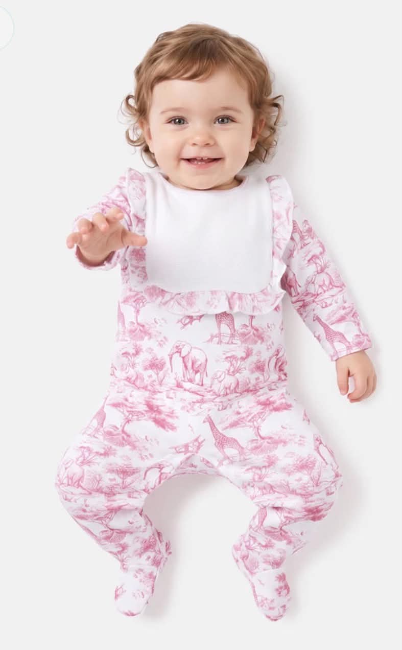 Cotton Baby Grow with Frilly Bib - Safari Collection